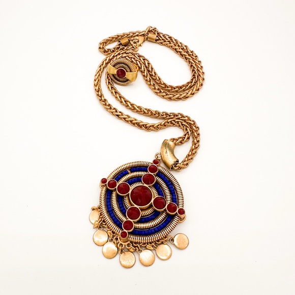 Elegant Gold, Blue and Red Pendant Necklace and matching Ring - Picture 1 of 2